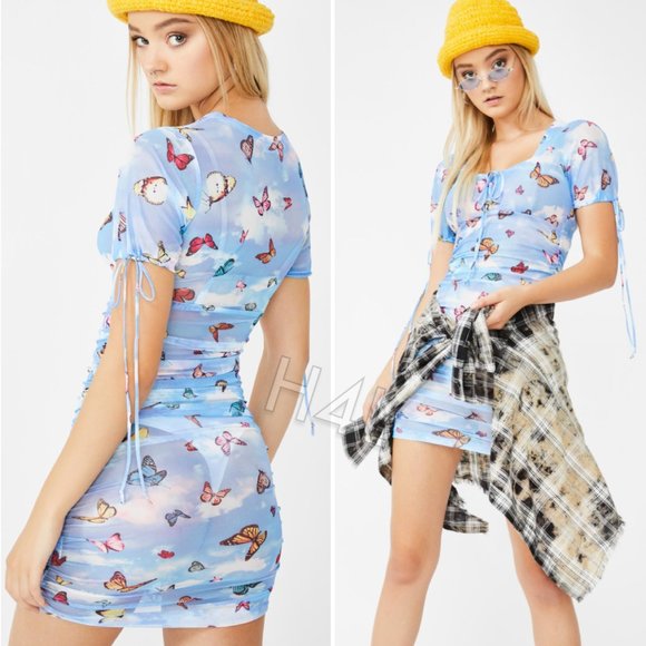 NWT UO 90s Butterfly Cloud Mesh Ruched Dress Motel - Picture 2 of 2